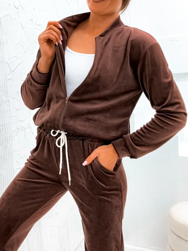 Dres welurowy rozpinany czekoladowy Luxe - obrazek 4