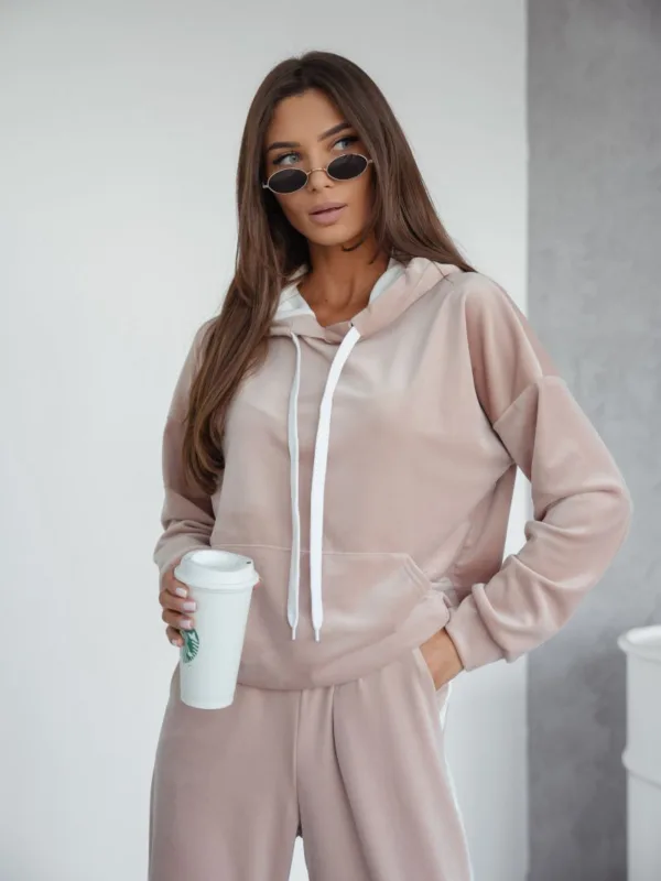 Komplet dresowy welurowy beżowy z lampasami Velvet Fit - obrazek 6