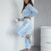 Komplet dresowy welurowy błękitny z lampasami Velvet Fit