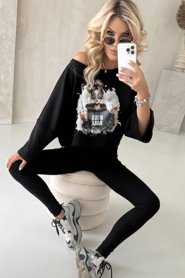 Bluza z nadrukiem Enjoy Boss Babe czarna - obrazek 3